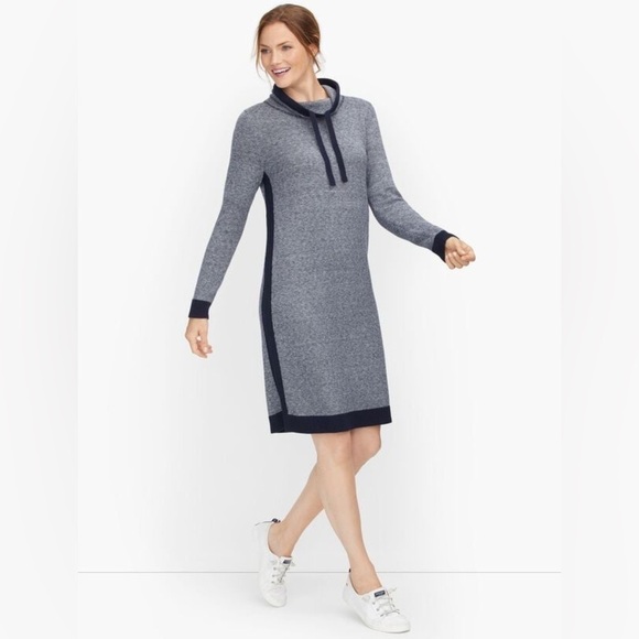 T by Talbots Marled Sweater Dress cowl neck blue gray Medlum - Picture 1 of 9